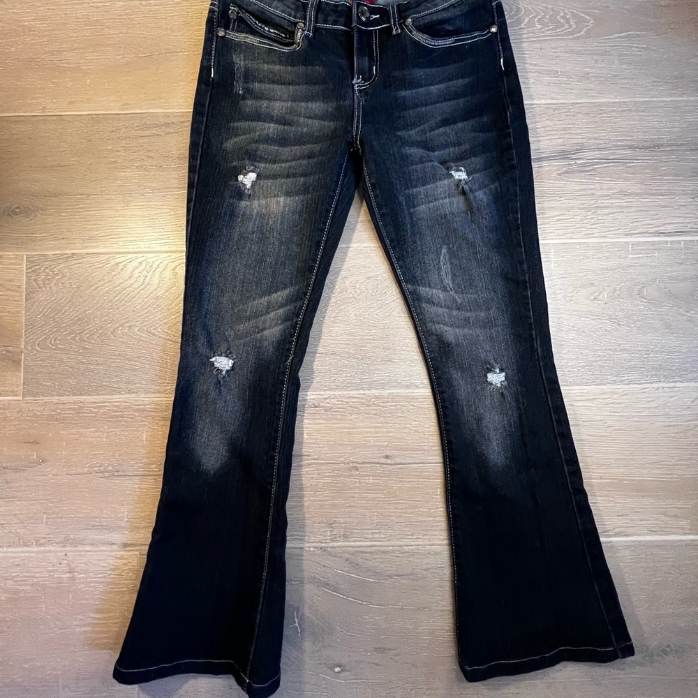 RED RIVET Boot Cut Denim Jeans Distressed w/ Bling Pockets Dark Blue Size 11